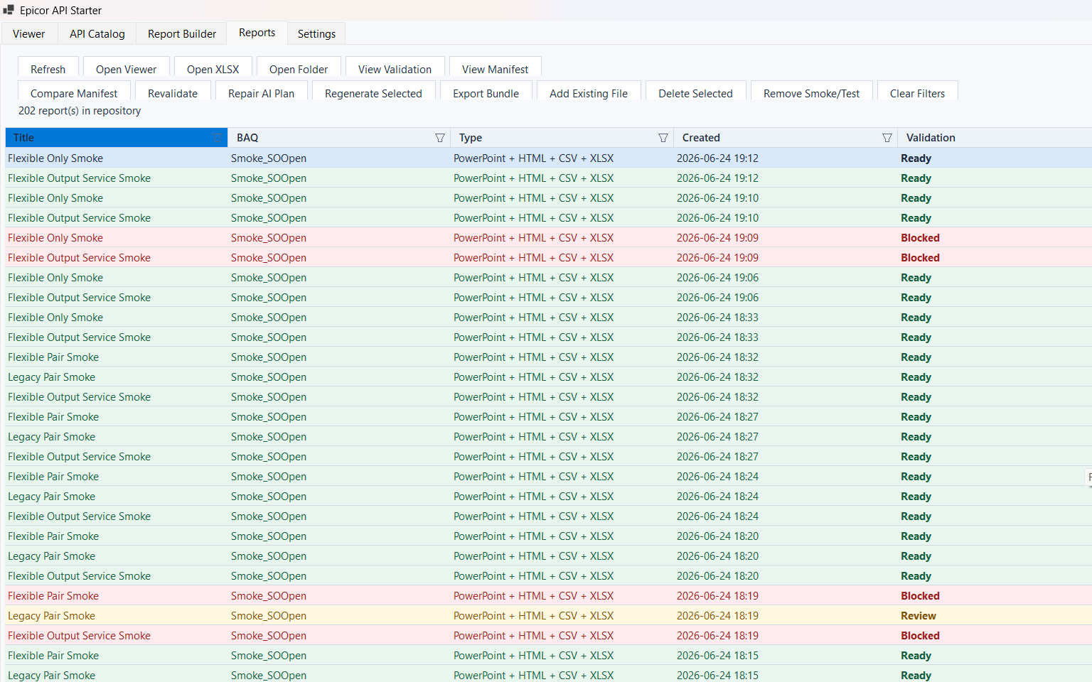 Report repository with generated files and validation status